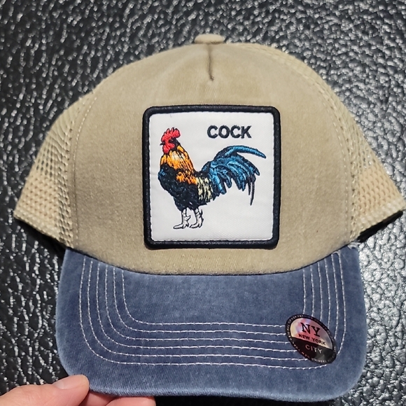 Accessories - Rooster Embroidered Tan and Blue Trucker's Hat Cap